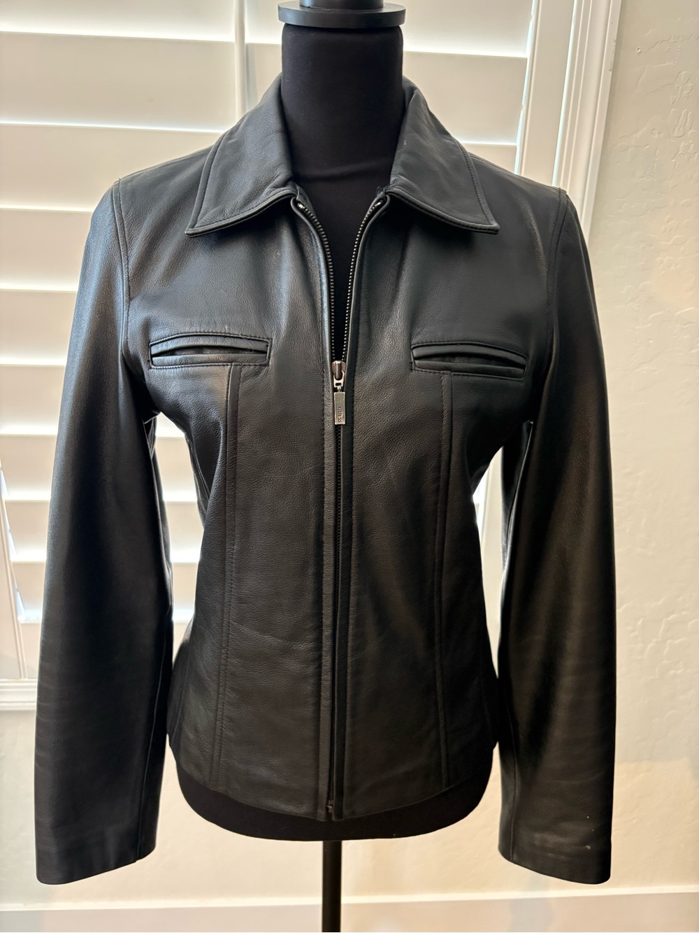 Guess Black Leather Zip-Front Jacket